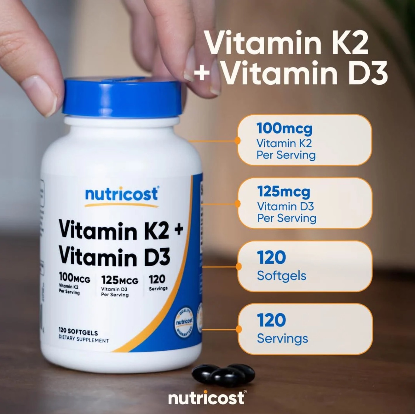 مکمل ویتامین D3 5000 IU و K2 نوتریکاست | تقویت استخوان و سیستم ایمنی